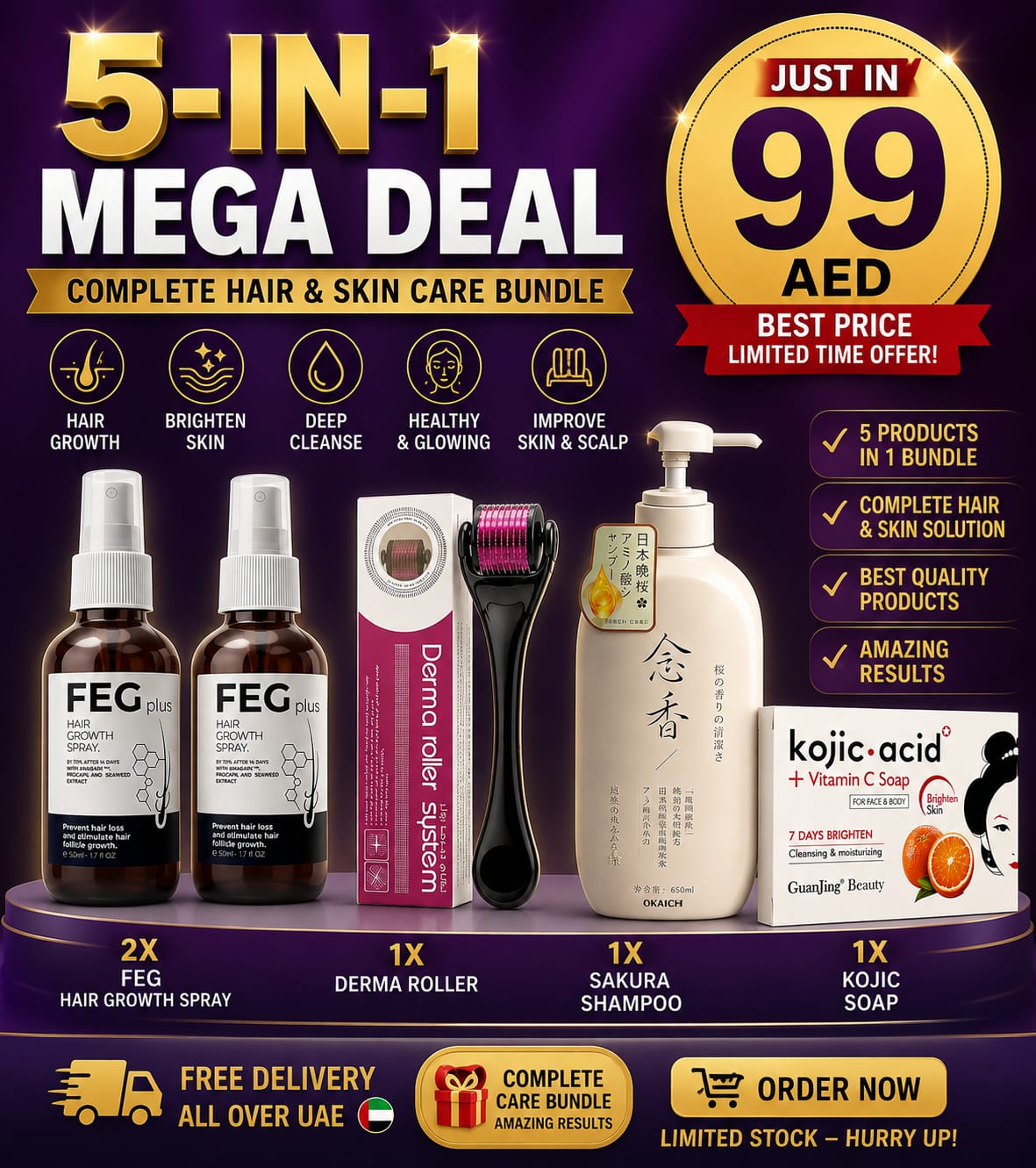 FEG PLUS Minoxidil Hair & Beard Growth Serum | ( Deal-1 ) 1 FEG + 1 Derma Roller + 1 Sakura Shampoo + 1 Kojic Soap(4-in-1 Deal) And | (Deal-2) 2 FEG + 1 Derma Roller + 1 Sakura Shampoo + 1 Kojic Soap (Deal-2)