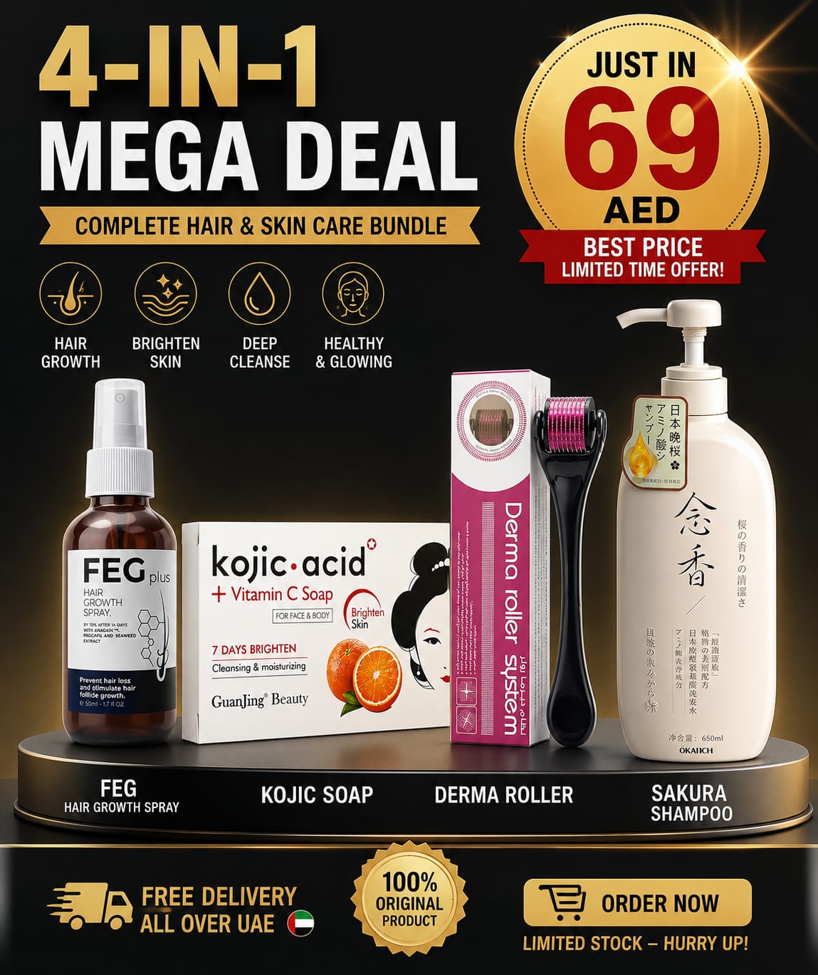FEG PLUS Minoxidil Hair & Beard Growth Serum  | ( Deal-1 ) 1 FEG + 1 Derma Roller + 1 Sakura Shampoo + 1 Kojic Soap(4-in-1 Deal) And | (Deal-2) 2 FEG + 1 Derma Roller + 1 Sakura Shampoo + 1 Kojic Soap (Deal-2)